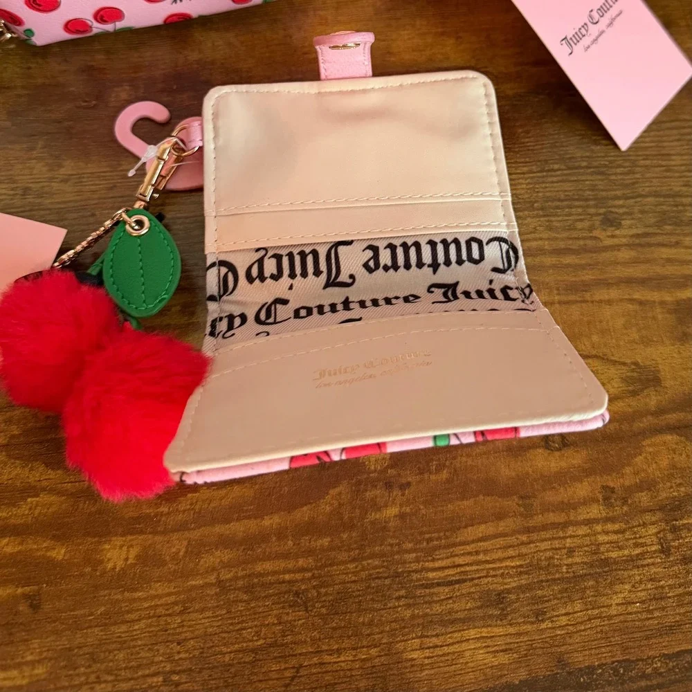 New Juicy Couture Cherry Girl Pink red Wristlet Wallet Clutch Set Mini Handbag